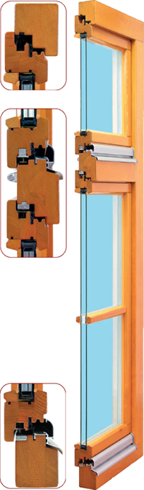 Querschnitt Holz-Fenster Die Profilansicht eines Holz-Fensters von Innoline. Mit Detailansicht der Verbindung von Holz, Glas und Dichtung.